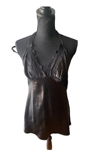 Frederick’s of Hollywood Black Satin Lace Halter Chemise Lingerie Size L Sexy thumbnail 1