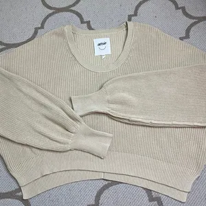 Aerie Ribbed Knit scoop neck Sweater Balloon Sleeve Cropped Relaxed Fit Size M thumbnail 1