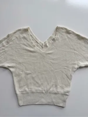 Anthropologie Cream V-neck Waffle Knit Cotton Oversized Pullover Sweater Small thumbnail 4