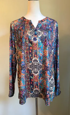 Boho Paisley Floral Henley Tunic Top Long Sleeve Multicolor XL whimsi festival thumbnail 1