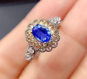 18K White Gold Plated Adjustable Hollow Blue Crystal Sapphire Ring for Women thumbnail 1