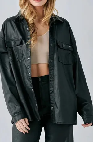 HIDDEN Los Angeles Abbey Coated Oversized Black Shirt Jacket Size Large thumbnail 1