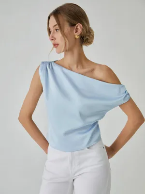 Commense Minimalist Satin One Shoulder Off Knotted Blouse Light Blue NWT Large thumbnail 1