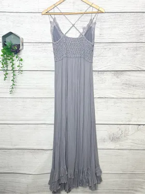 Free People Adella Crochet Lace Maxi Slip Dress in Light Gray Size Medium thumbnail 9