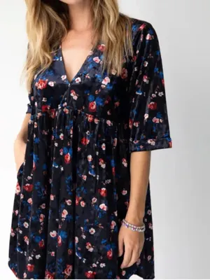 Natural Life Stella V-Neck Mini Black Velvet Vintage Floral Dress Boho Sz M thumbnail 3