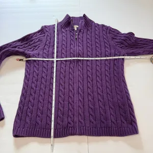 LL Bean Purple Mock Neck Full Zip Cable Cotton Cardigan Sweater Size SMALL thumbnail 7