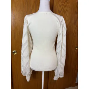 Flying Tomato Cream Ribbed Knit Top Gold Crest Buttons Lace Balloon Sleeve M thumbnail 5