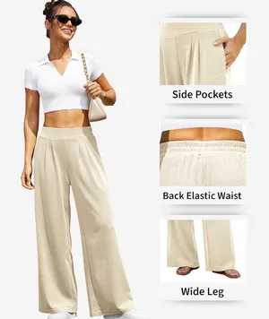 Women's Wide Leg Pants Elastic High Waist Casual Palazzo Pants Trousers with Pockets thumbnail 2