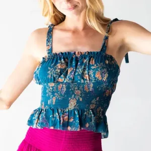 💙Natural Life Eloise Teal Blue Floral Smocked Tie Strap Tank Top thumbnail 1