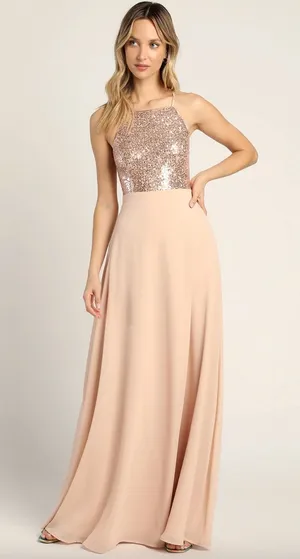 Lulus Endlessly Enchanted Champagne Pink Sequin Maxi Dress Formal Small NWT thumbnail 1