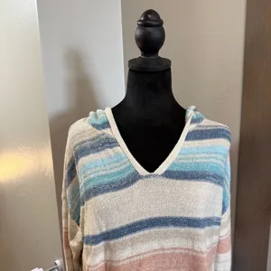 North River Colorful Knit Cotton Blend V-Neck Hoodie Sweater Striped Pastel L‎ thumbnail 2