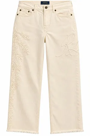 Lauren Ralph Lauren Wide Leg Jeans Womens 6 Ivory NWT Floral Beaded High Rise thumbnail 1
