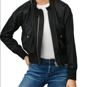 FREE PEOPLE Black Midnight Satin Full Zip Oversized Bomber Jacket L thumbnail 1
