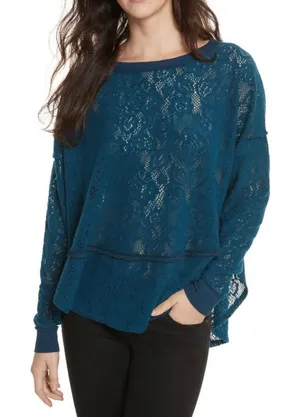 Free People Not Cold In This Jewel tone Blue Floral Lace Oversized Boho Top thumbnail 1