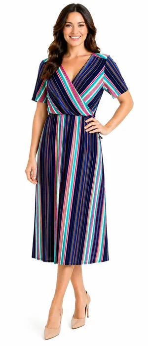 Chaus Women Striped Faux Wrap Midi Dress Large Multi Color Retro Preppy Top thumbnail 1