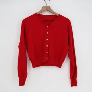 Red Cropped Button Front Cardigan Crew Neck Knit Sweater Mens M thumbnail 2