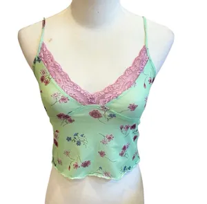 Motel Rocks Floral Lace Mesh Cami Tank Top Semi Sheer Crop Top Green Purple S thumbnail 3