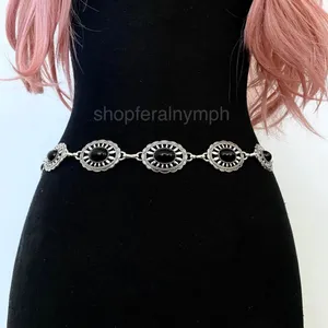 Silver Y2K Black Stone Concho Waist Chain Belt, Fits 24.5-38.5 Inches, X7GA1294 thumbnail 1