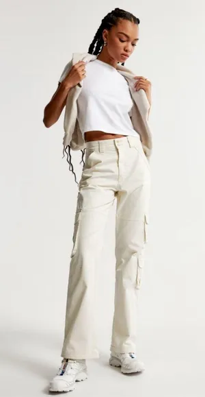Abercrombie Women's Cream Relaxed Cargo Pants thumbnail 1