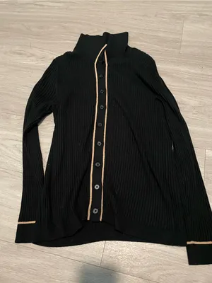 Banana Republic Black Ribbed Button-Front Cardigan with Tan Trim thumbnail 1