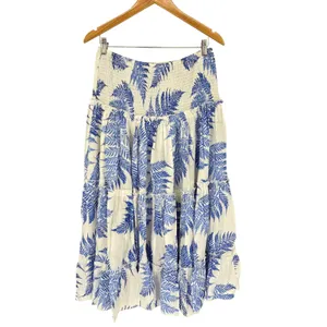 ee:some Blue White Botanical Fern Print Tiered Ruffle Maxi Skirt Dress‎ Smocked thumbnail 9