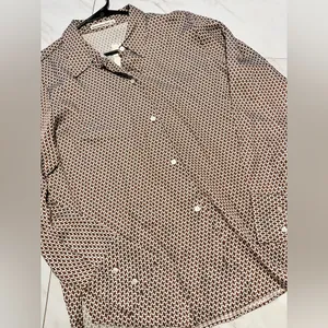 NWT Abercrombie & Fitch patterned satin button up geometric brown white blouse L thumbnail 3