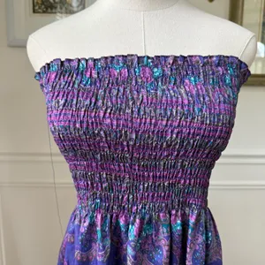Vintage 80s Purple Strapless Smocked Top Sun Dress S thumbnail 3