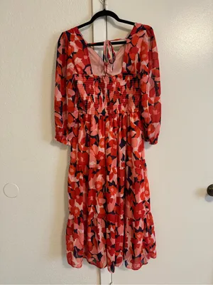 Sincerely Jules Floral Tiered Midi Dress Long Sleeve Chiffon Red Pink Navy Sz M thumbnail 4