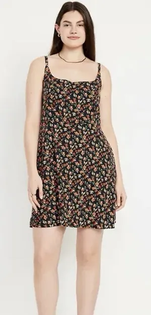 NWT Old Navy Black Floral Cami Sun Dress Smocked Back Cottagecore‎ Summer XL thumbnail 1