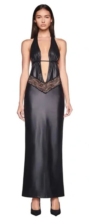 I AM GIA • Astora Maxi Dress black faux leather illusion lace plunge halter sexy thumbnail 1