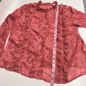 Leith floral blouse sheer ruffle pleated front keyhole‎ back coquette FLAWS thumbnail 9