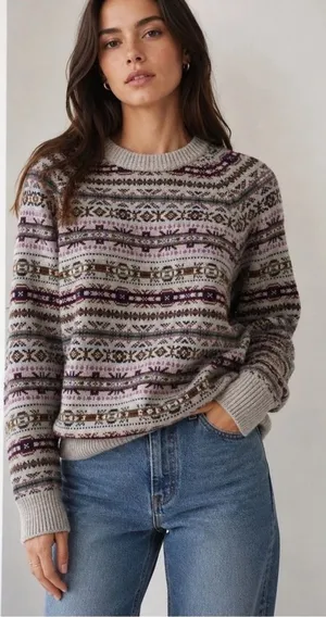 J Crew 100% Merino Wool Intarsia Sweater Gray Purple Fair Isle Womens Large thumbnail 1