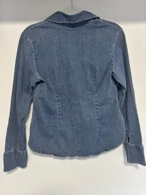 Vintage Y2K Old College Inn Stretch Denim Pullover Shirt Women Split V Neck L thumbnail 4