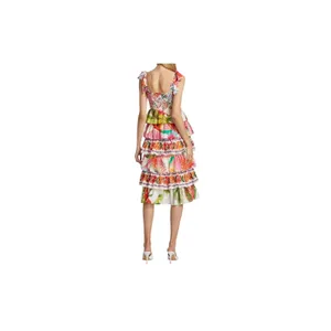 Farm Rio Mixed White Prints Layered Dress M Tropical Floral Tiered Linen Smocked thumbnail 3