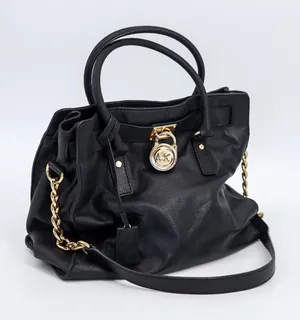 Michael Kors Hamilton‎ Satchel Women Large Black Leather Gold Padlock Tote Bag thumbnail 1