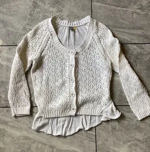 Knitted by Anthropologie White Open Knit Ruffle Hem Cardigan Sweater Tie Back M thumbnail 1