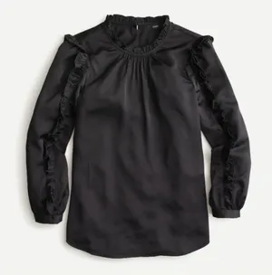 J. Crew Black Satin Ruffle-Trim Blouse thumbnail 1