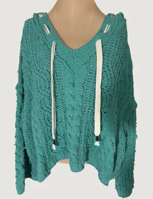 3281 | POL YST410 Chenille Cable Knit Hoodie Sweater Turquoise Boho Women L thumbnail 1