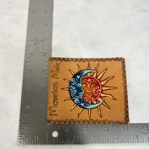 Morelos Mexico Hand Painted Leather Sun Moon Bifold Wallet Tan Celestial Zipper thumbnail 6