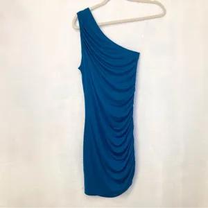 A New Day Teal Blue Asymmetrical Ruched Cocktail Bodycon Mini Dress Size Small thumbnail 5