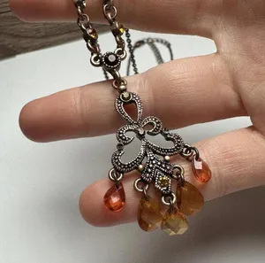 1928 Collection Rhinestone Pendant Copper Tone Necklace Orange / Amber Shades thumbnail 6