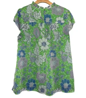 Joie Women’s L Green Pleat Femme Floral Cap Sleeve Ruffle Crew Neck Blouse Top thumbnail 2