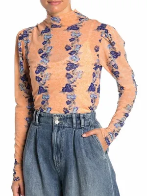 Free People Size XS Coral Floral High Neck Mesh Top Long-Sleeve Sheer Boho thumbnail 1