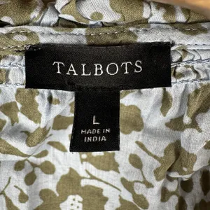 Talbots Cotton Popover Top Large Blue Sage Green Floral Ruffle Trim Long Sleeve thumbnail 5