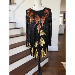 Vintage 90s Black Gold Fall Leaf Pattern Silk Sequin Long Sleeve Shift Dress thumbnail 5