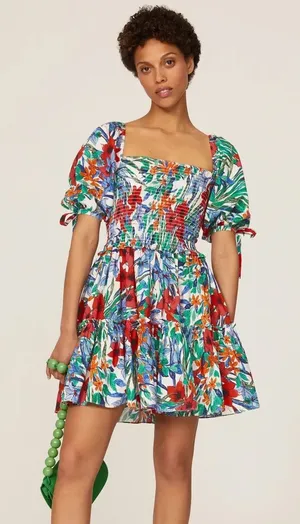 Cara Cara Floral Mini Dress Multi Smocked Puff Sleeve Tiered Cotton M thumbnail 1