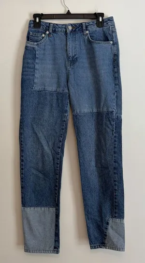 We The Free People sz 26 patchwork‎ tapered Blue Denim jeans boho indie Artsy thumbnail 1
