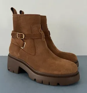 Steve Madden Coletta Lug Sole Tan Suede Buckle Ankle Booties‎ thumbnail 1