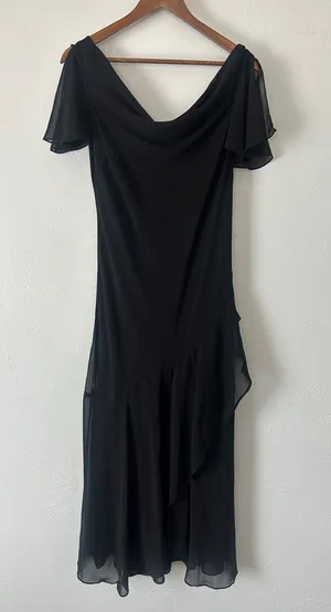 Eva Blue Black Draped Cowl Neck Drop Waist Midi Ruffle Dress w Flutter Sleeve thumbnail 1