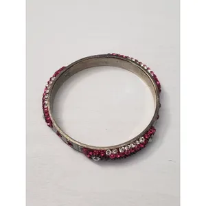 Vintage Bracelet / Bangle Pink & Silver Tone with Clear Gems thumbnail 8